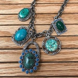 Antiqued Silver Blues & Green Stone Necklace, NWT